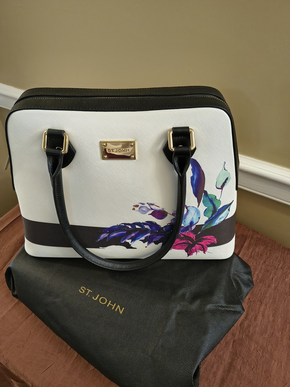 St. John White Floral Accent Dome Satchel